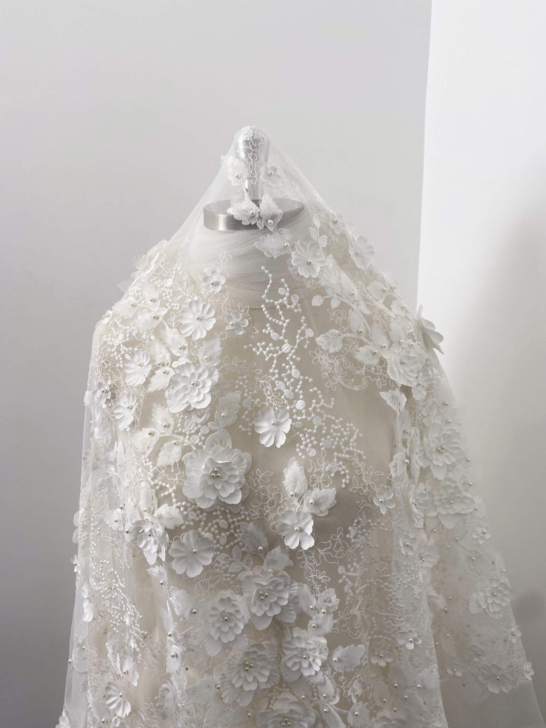 3D Floral Embroidered Lace Fabric White Beaded Lace for Wedding Dress, Bridal Gown Material by the Yard, Sewing Supplies