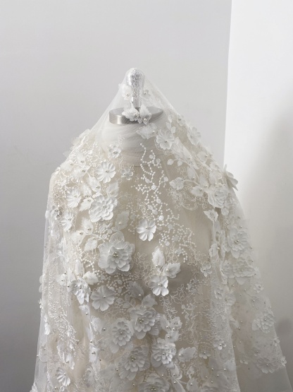 3D Floral Embroidered Lace Fabric White Beaded Lace for Wedding Dress, Bridal Gown Material by the Yard, Sewing Supplies