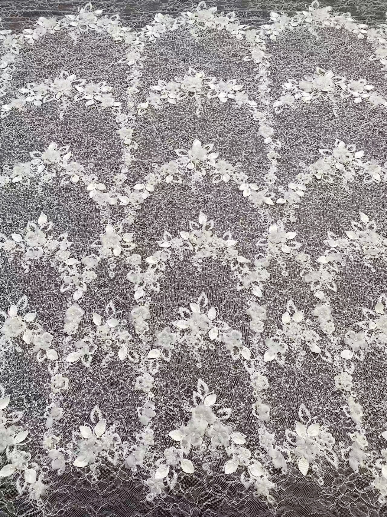 Off-white 3D Flower Beaded Lace Fabric, Embroidered Tulle with Beading for Wedding Dresses & Bridal Accessories, Couture DIY