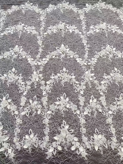 Off-white 3D Flower Beaded Lace Fabric, Embroidered Tulle with Beading for Wedding Dresses & Bridal Accessories, Couture DIY