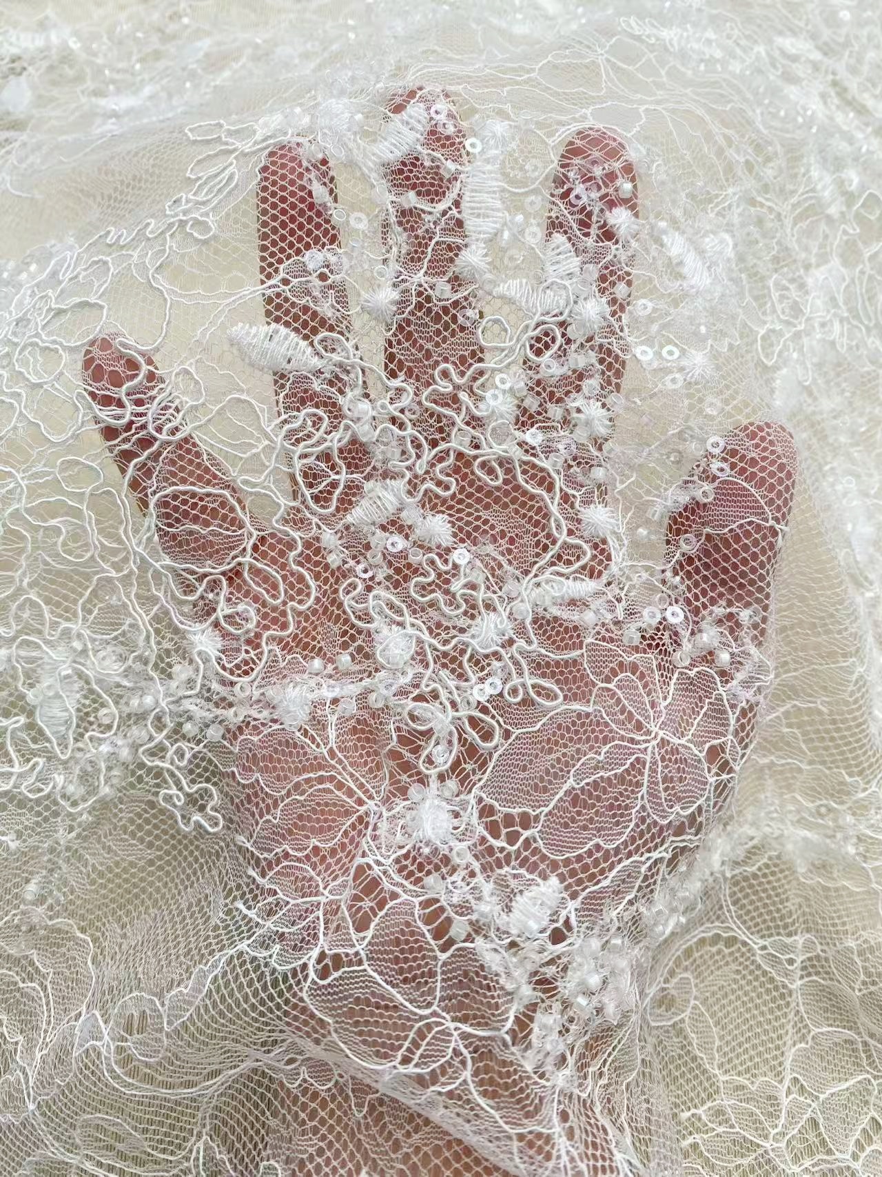Elegant Embroidery Fabric With Corded, Beautiful Floral Sparkling Sequins And Crystal Beads Embroidered Wedding Dress Bridal Gown