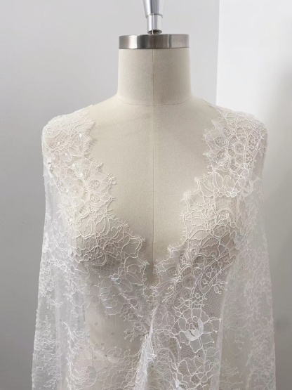 3 Meter Lace Fabric Trims, Chantilly Bridal Lace with Sequins, Wedding White French Lace Veil Lace Scalloped Floral Lace with Eyelash