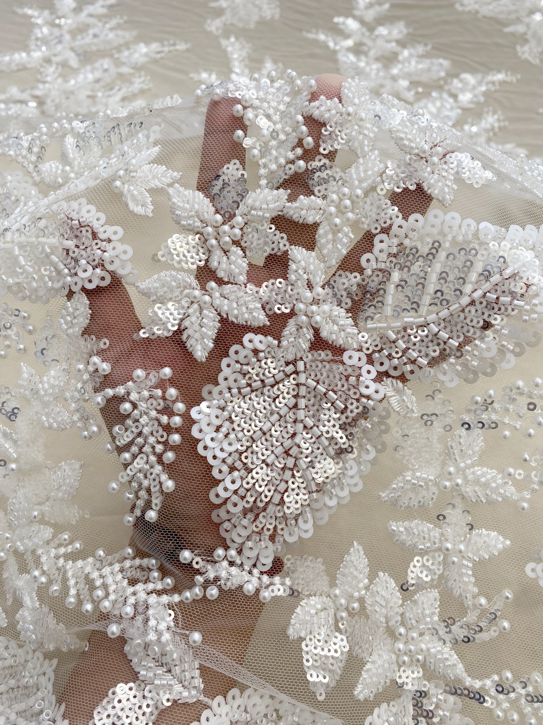 Floral embroidered beaded lace fabric with sequins on soft tulle for wedding dresses, veils, bridal gowns, capes, luxury wedding gown fabric