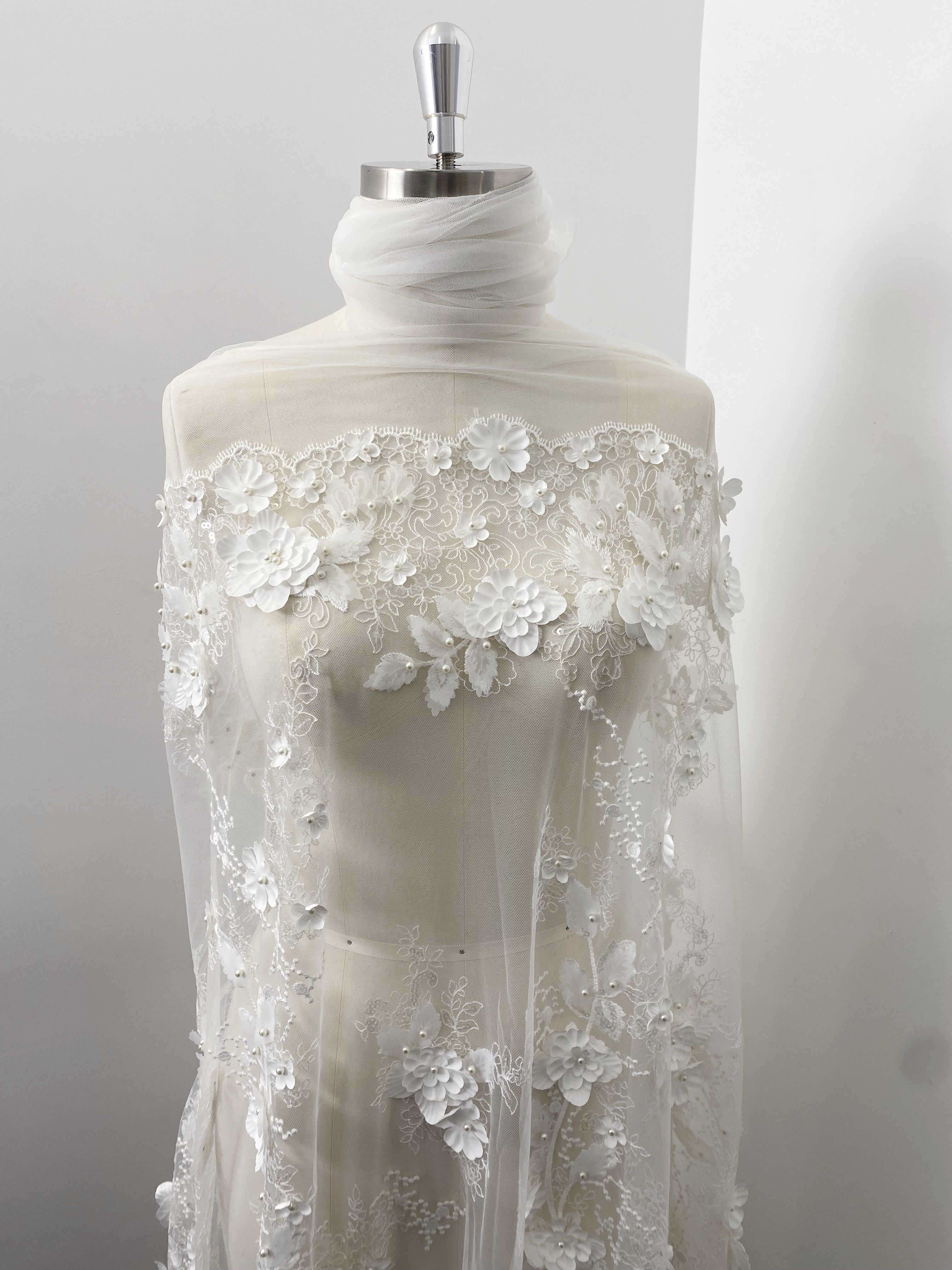 3D Floral Embroidered Lace Fabric White Beaded Lace for Wedding Dress, Bridal Gown Material by the Yard, Sewing Supplies