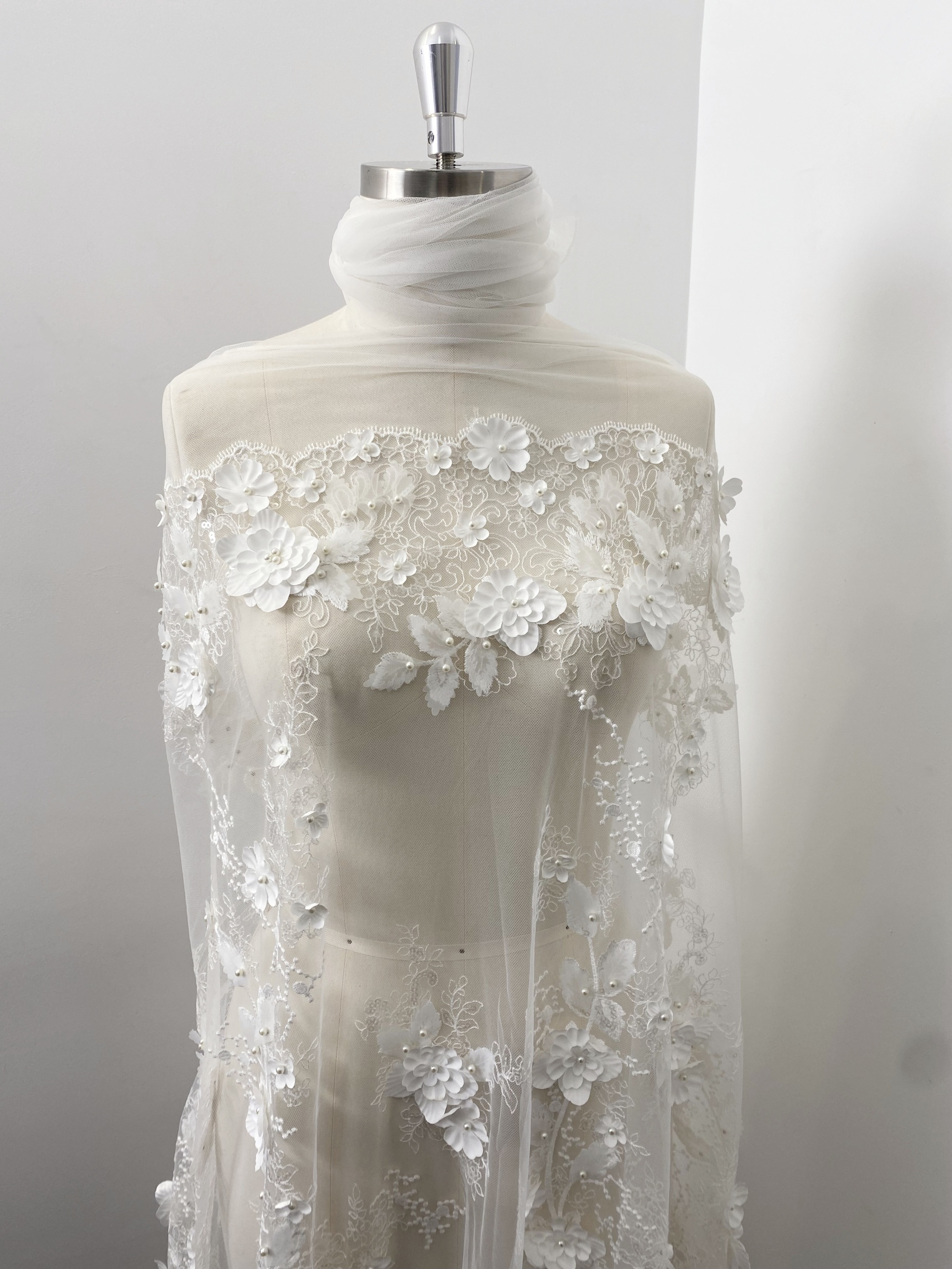 3D Floral Embroidered Lace Fabric White Beaded Lace for Wedding Dress, Bridal Gown Material by the Yard, Sewing Supplies