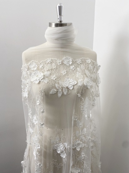 3D Floral Embroidered Lace Fabric White Beaded Lace for Wedding Dress, Bridal Gown Material by the Yard, Sewing Supplies