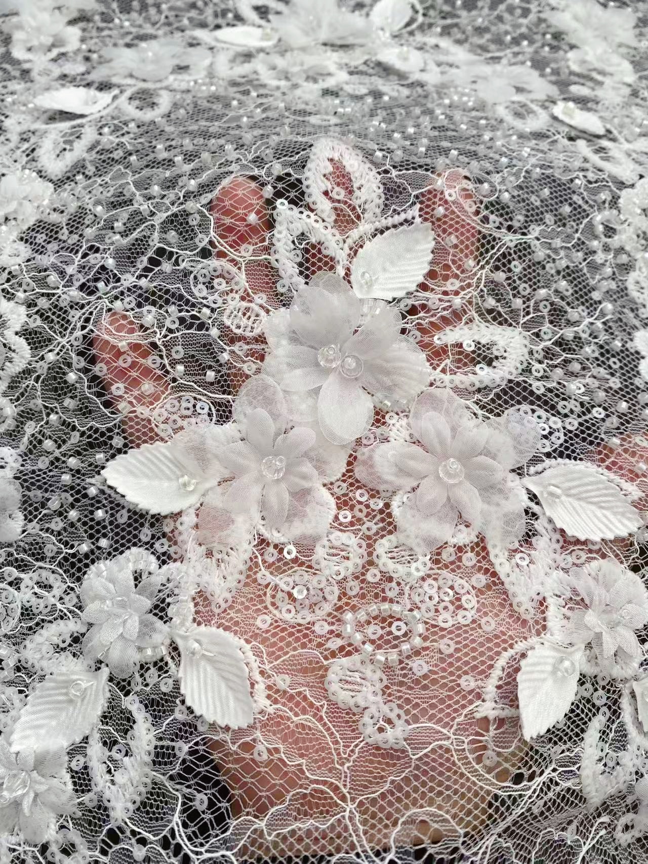 Off-white 3D Flower Beaded Lace Fabric, Embroidered Tulle with Beading for Wedding Dresses & Bridal Accessories, Couture DIY