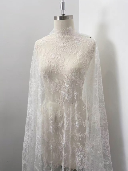 3 Meter Lace Fabric Trims, Chantilly Bridal Lace with Sequins, Wedding White French Lace Veil Lace Scalloped Floral Lace with Eyelash