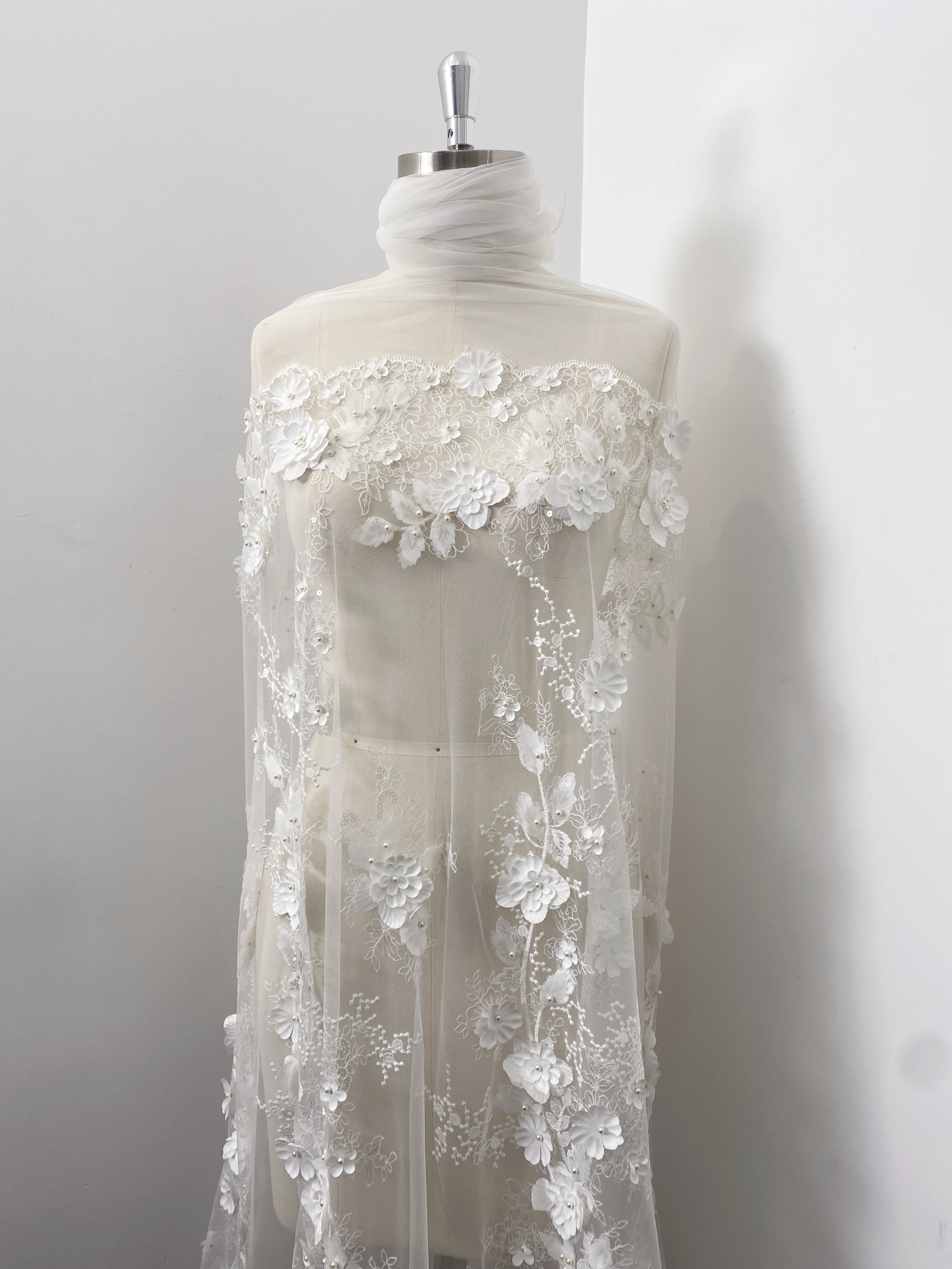 3D Floral Embroidered Lace Fabric White Beaded Lace for Wedding Dress, Bridal Gown Material by the Yard, Sewing Supplies