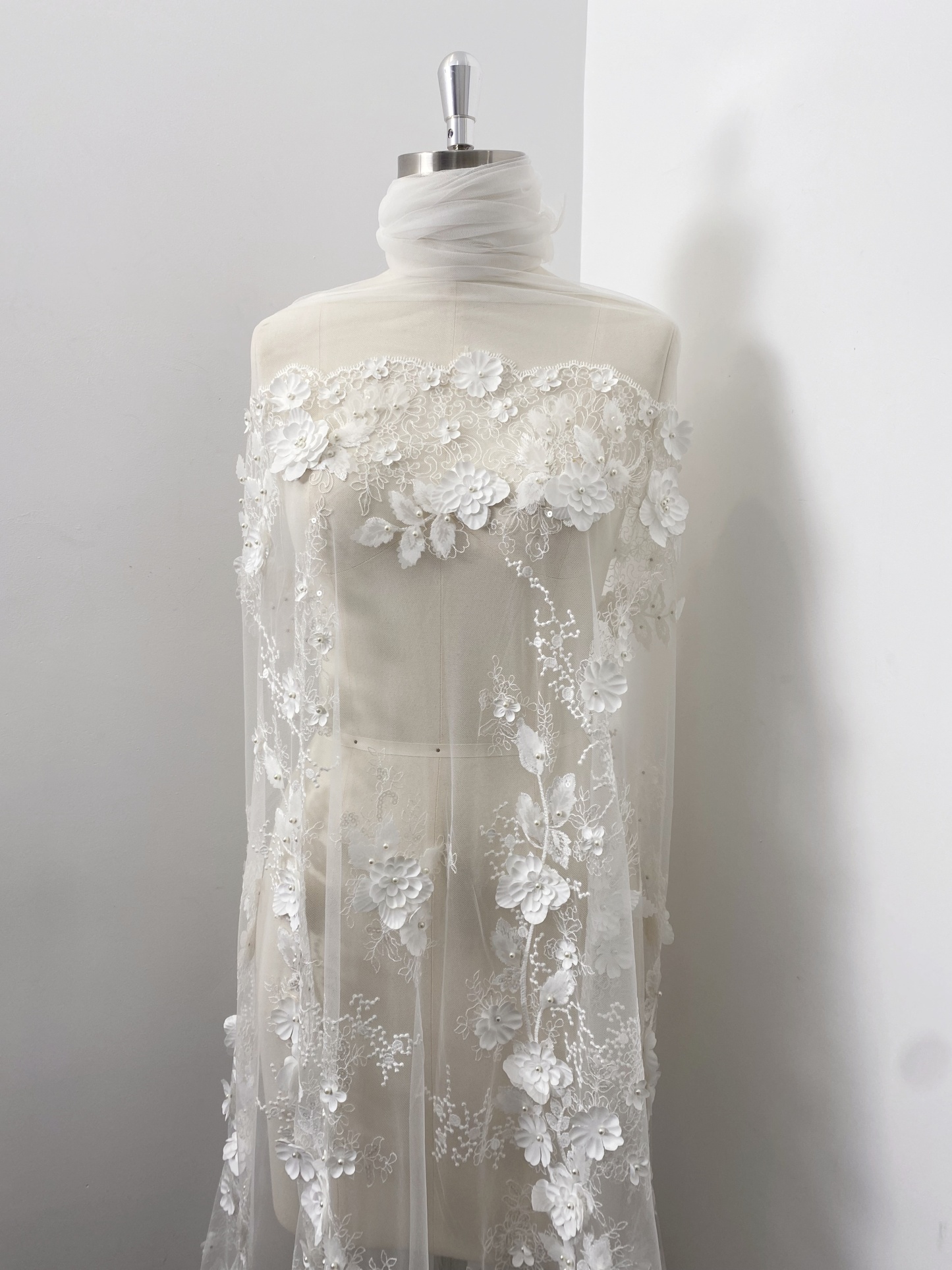 3D Floral Embroidered Lace Fabric White Beaded Lace for Wedding Dress, Bridal Gown Material by the Yard, Sewing Supplies