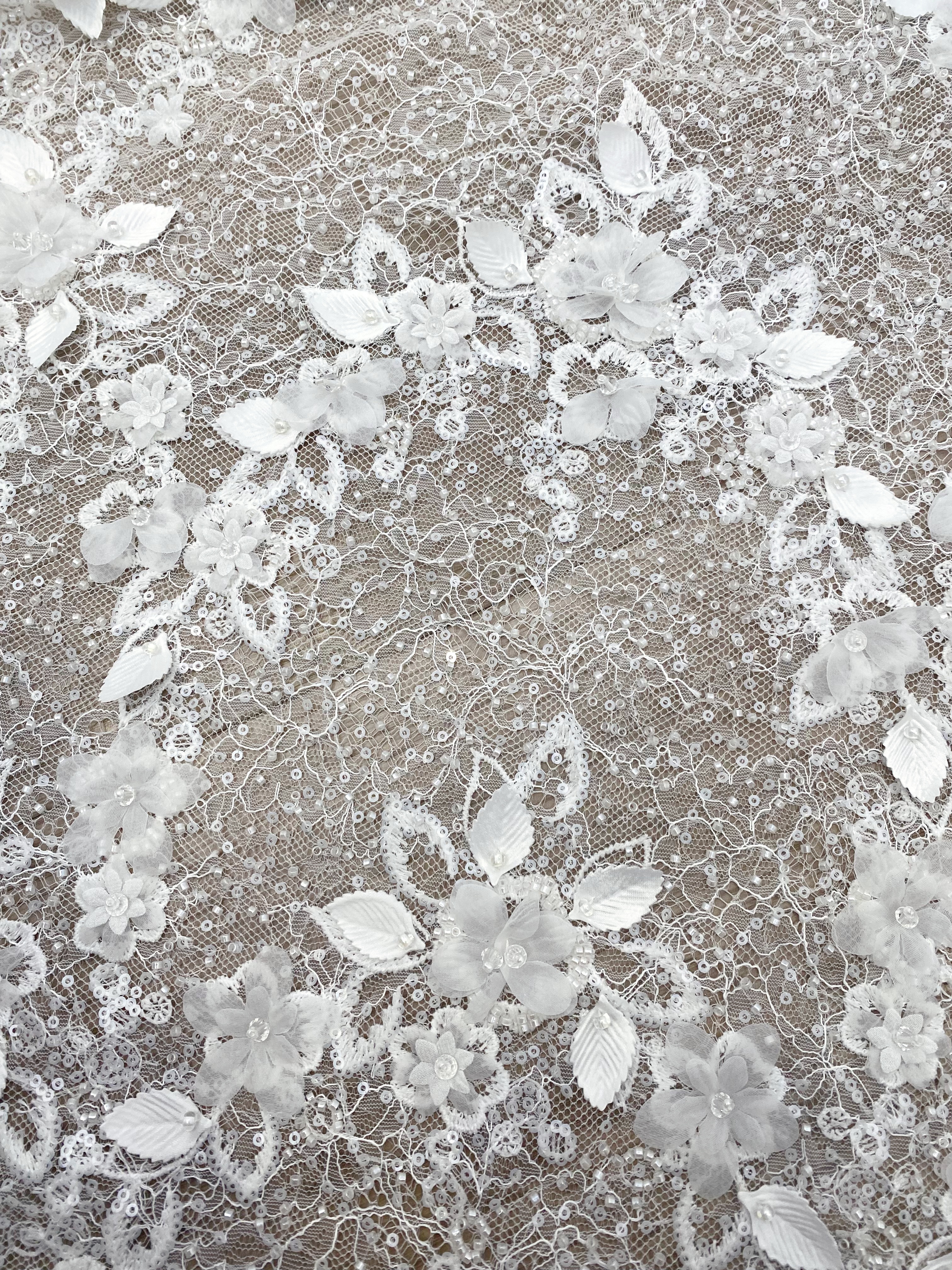 Off-white 3D Flower Beaded Lace Fabric, Embroidered Tulle with Beading for Wedding Dresses & Bridal Accessories, Couture DIY