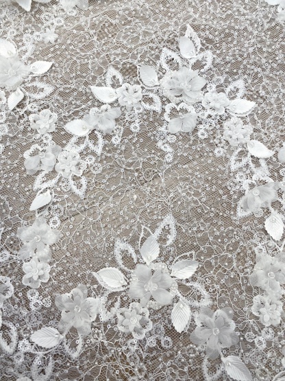 Off-white 3D Flower Beaded Lace Fabric, Embroidered Tulle with Beading for Wedding Dresses & Bridal Accessories, Couture DIY