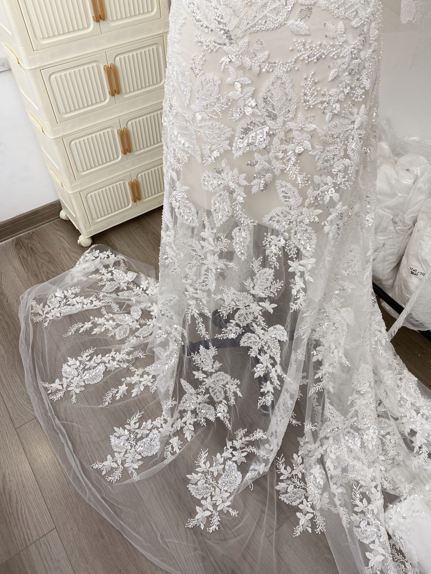 Floral embroidered beaded lace fabric with sequins on soft tulle for wedding dresses, veils, bridal gowns, capes, luxury wedding gown fabric