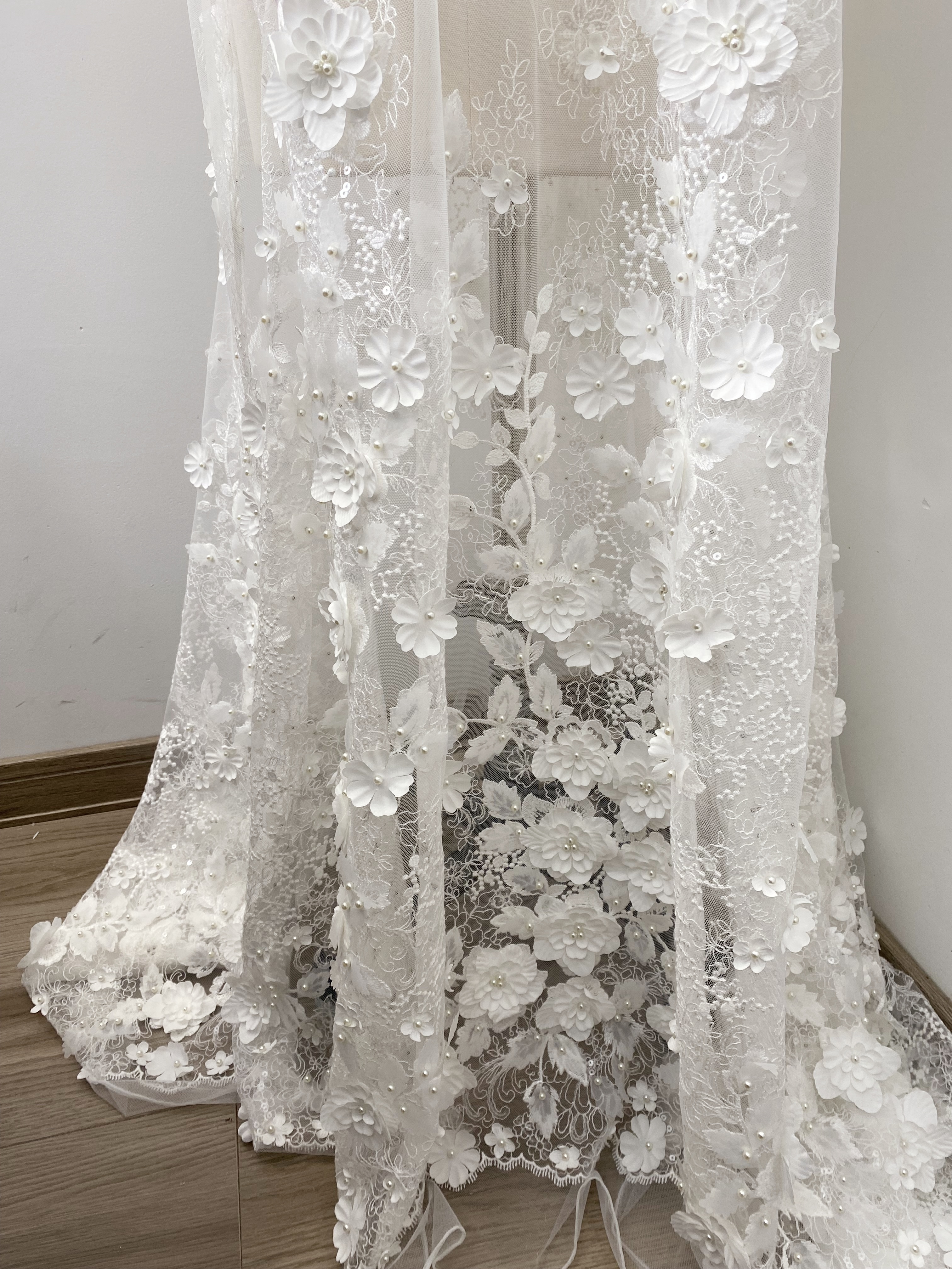 3D Floral Embroidered Lace Fabric White Beaded Lace for Wedding Dress, Bridal Gown Material by the Yard, Sewing Supplies