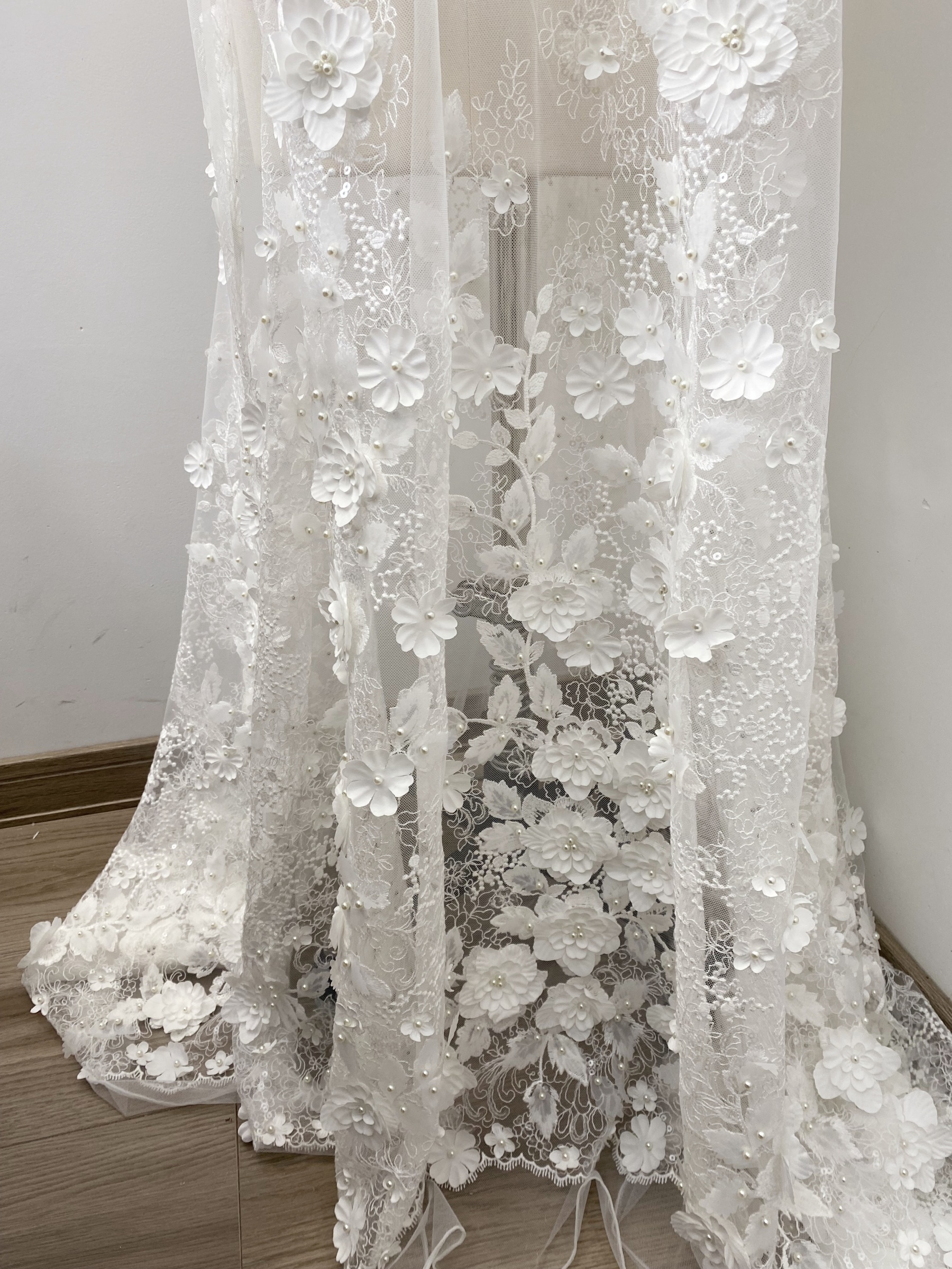 3D Floral Embroidered Lace Fabric White Beaded Lace for Wedding Dress, Bridal Gown Material by the Yard, Sewing Supplies