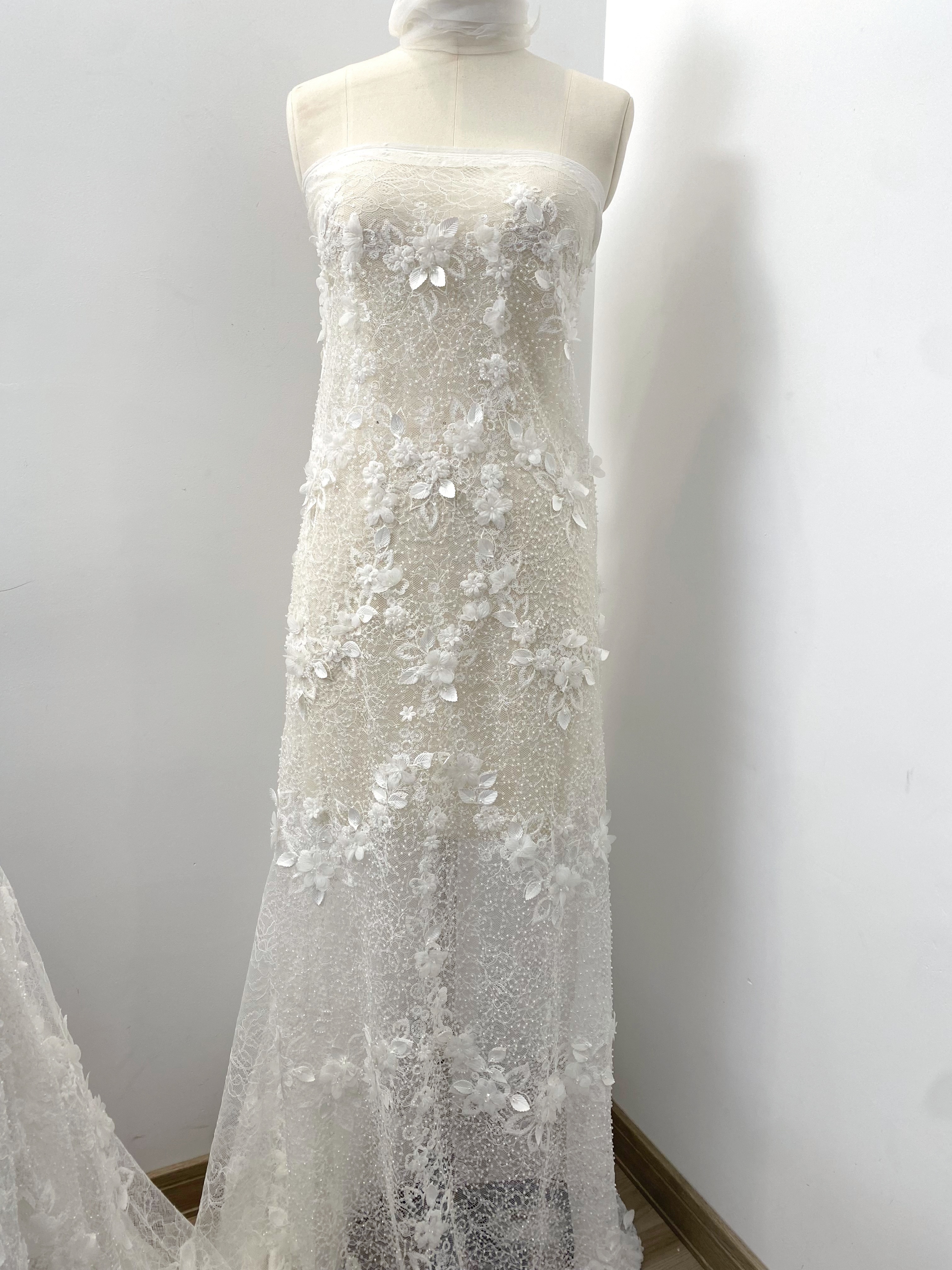 Off-white 3D Flower Beaded Lace Fabric, Embroidered Tulle with Beading for Wedding Dresses & Bridal Accessories, Couture DIY