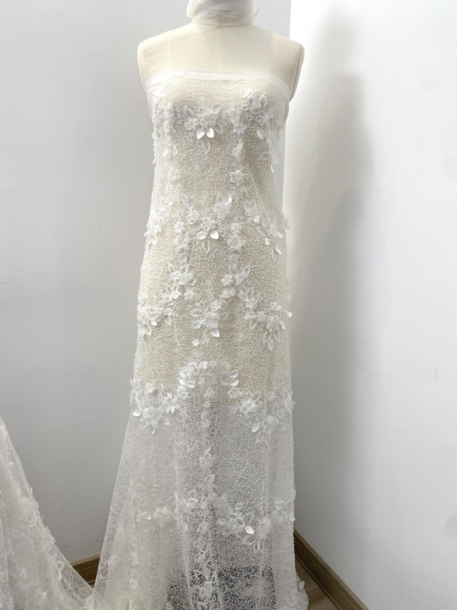 Off-white 3D Flower Beaded Lace Fabric, Embroidered Tulle with Beading for Wedding Dresses & Bridal Accessories, Couture DIY
