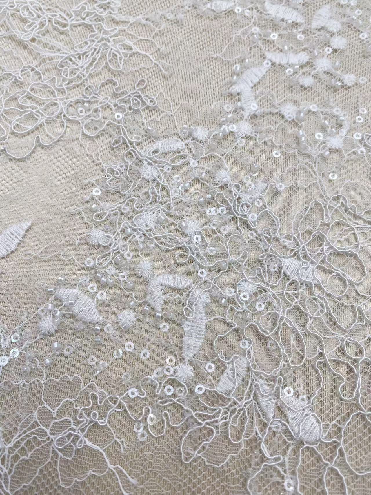 Elegant Embroidery Fabric With Corded, Beautiful Floral Sparkling Sequins And Crystal Beads Embroidered Wedding Dress Bridal Gown