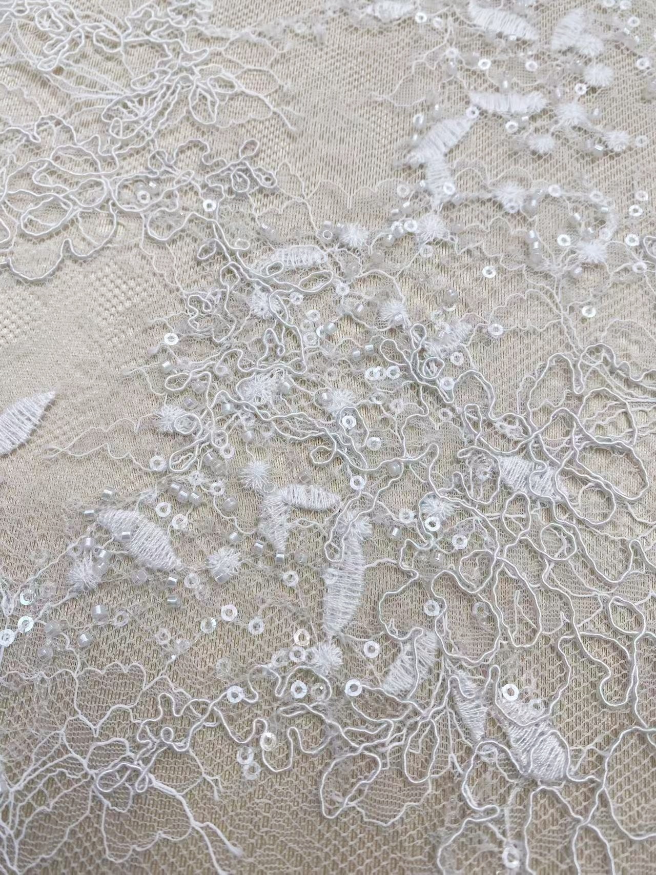 Elegant Embroidery Fabric With Corded, Beautiful Floral Sparkling Sequins And Crystal Beads Embroidered Wedding Dress Bridal Gown