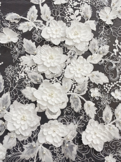 3D Floral Embroidered Lace Fabric White Beaded Lace for Wedding Dress, Bridal Gown Material by the Yard, Sewing Supplies