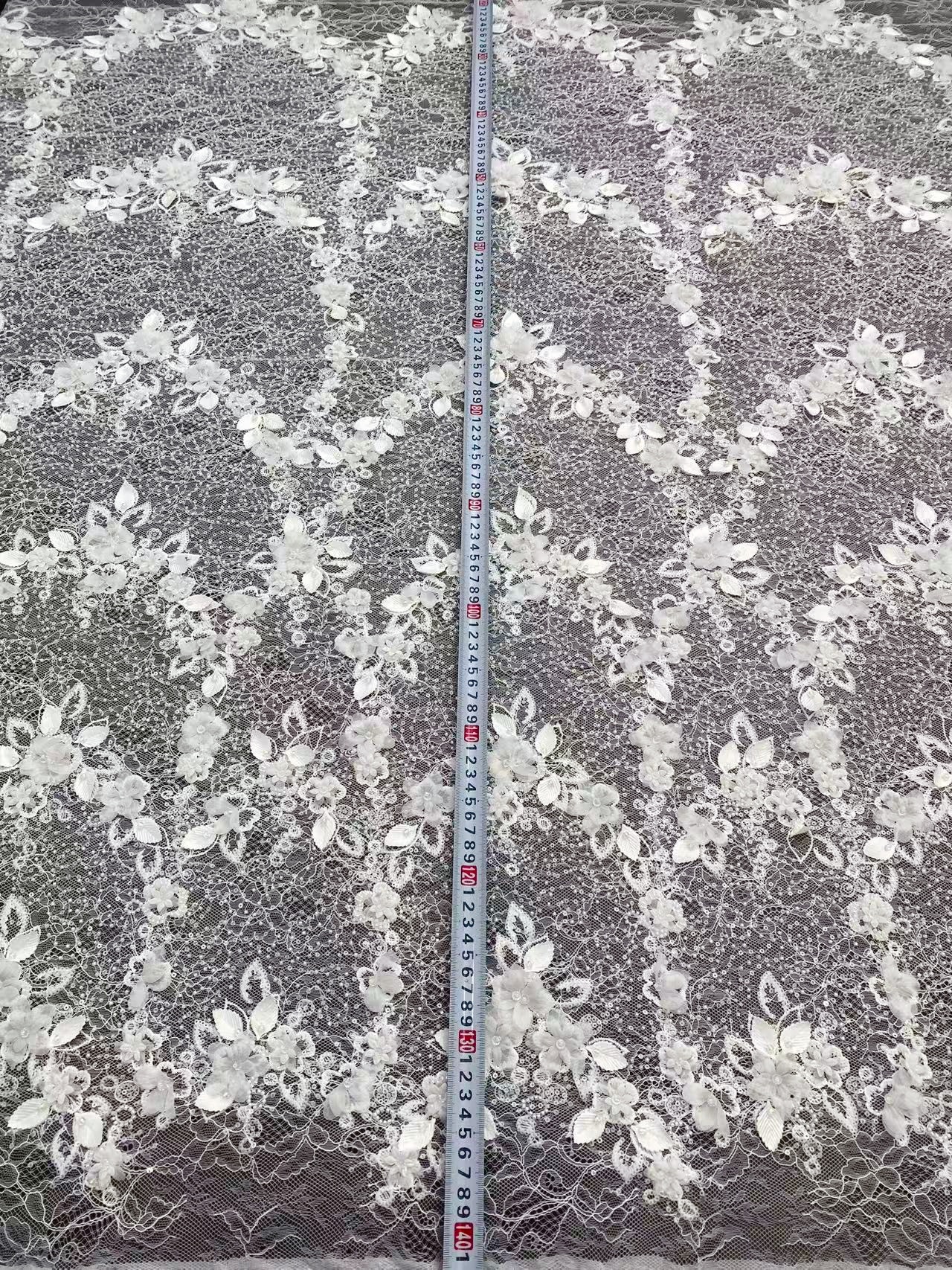 Off-white 3D Flower Beaded Lace Fabric, Embroidered Tulle with Beading for Wedding Dresses & Bridal Accessories, Couture DIY