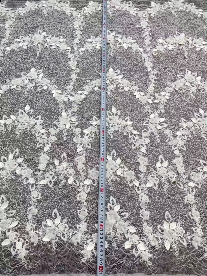 Off-white 3D Flower Beaded Lace Fabric, Embroidered Tulle with Beading for Wedding Dresses & Bridal Accessories, Couture DIY