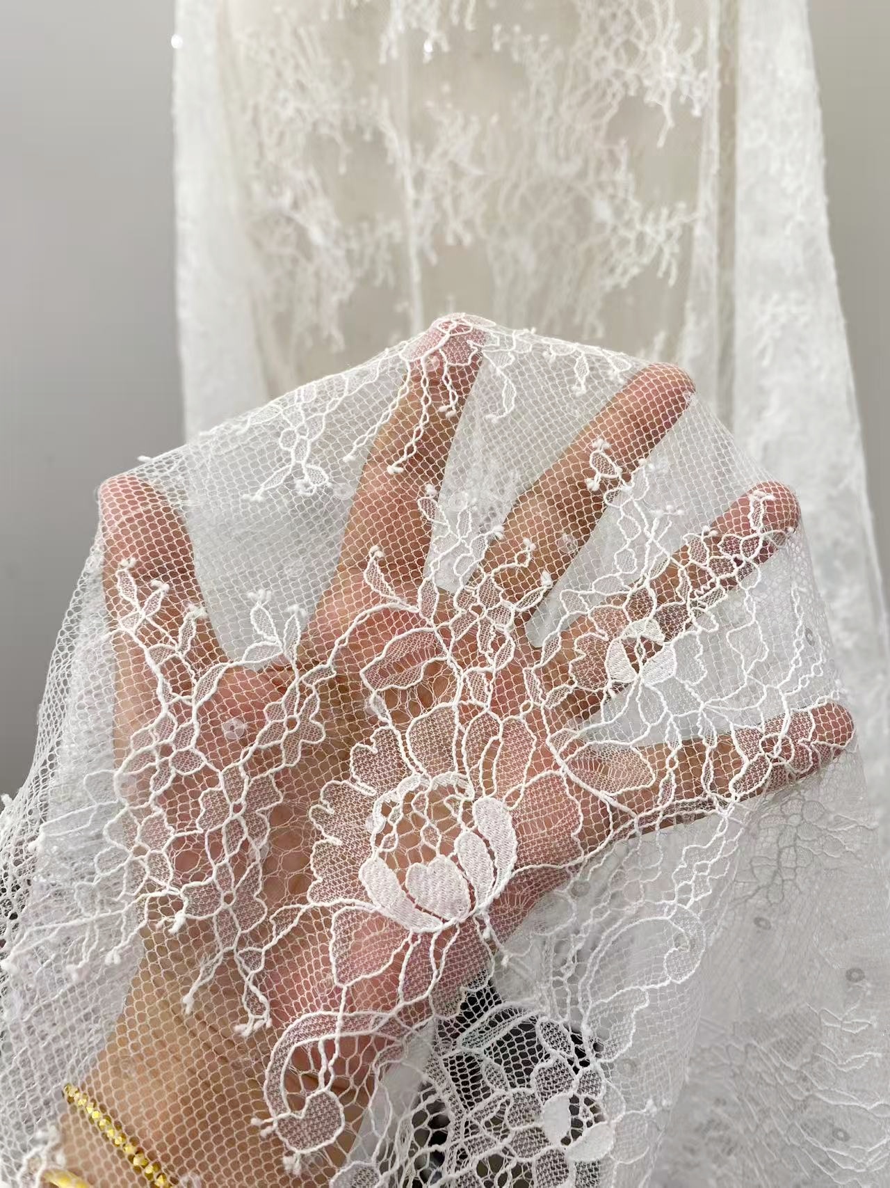3 Meter Lace Fabric Trims, Chantilly Bridal Lace with Sequins, Wedding White French Lace Veil Lace Scalloped Floral Lace with Eyelash