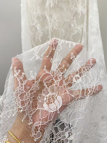 3 Meter Lace Fabric Trims, Chantilly Bridal Lace with Sequins, Wedding White French Lace Veil Lace Scalloped Floral Lace with Eyelash