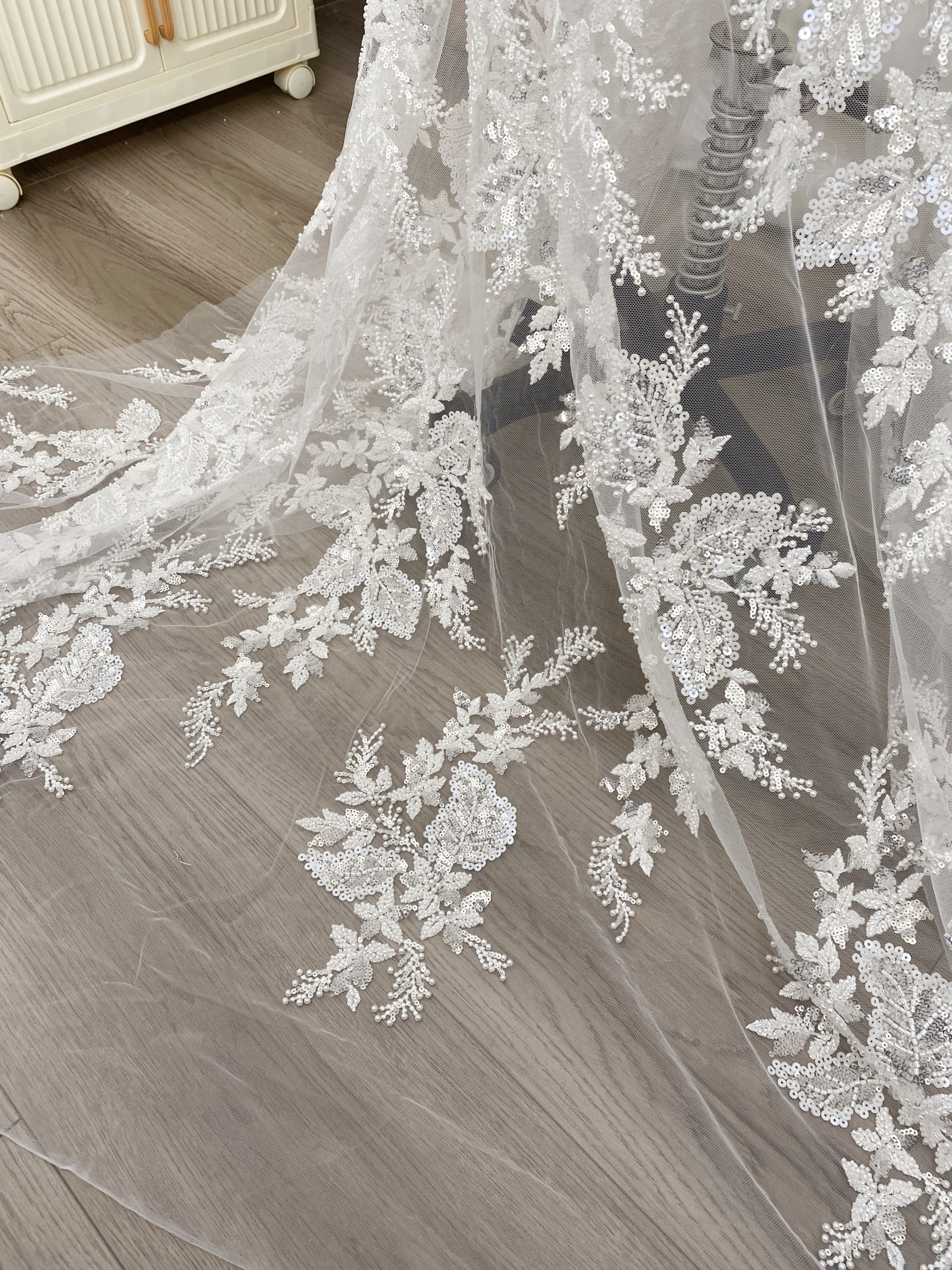 Floral embroidered beaded lace fabric with sequins on soft tulle for wedding dresses, veils, bridal gowns, capes, luxury wedding gown fabric