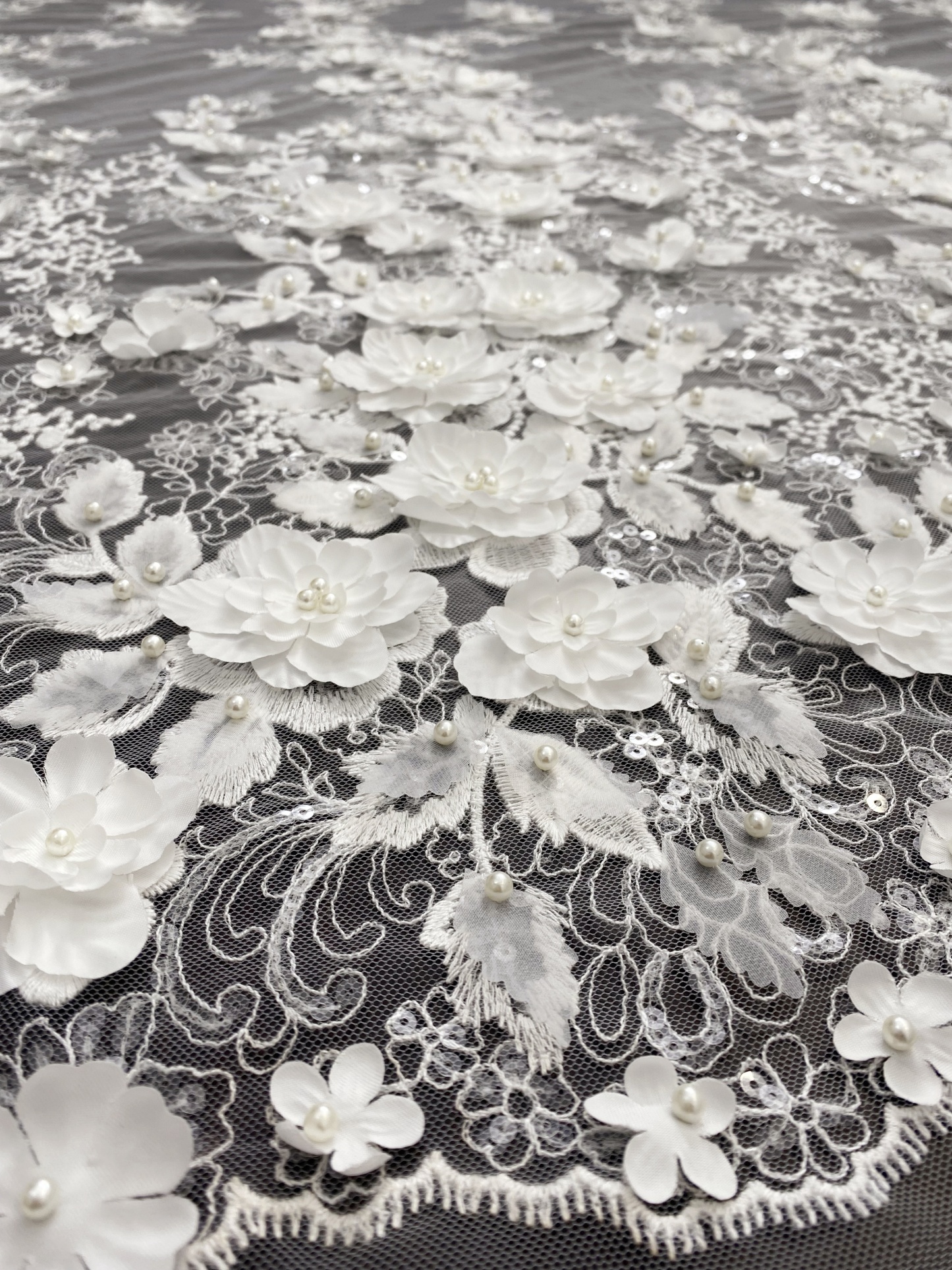 3D Floral Embroidered Lace Fabric White Beaded Lace for Wedding Dress, Bridal Gown Material by the Yard, Sewing Supplies