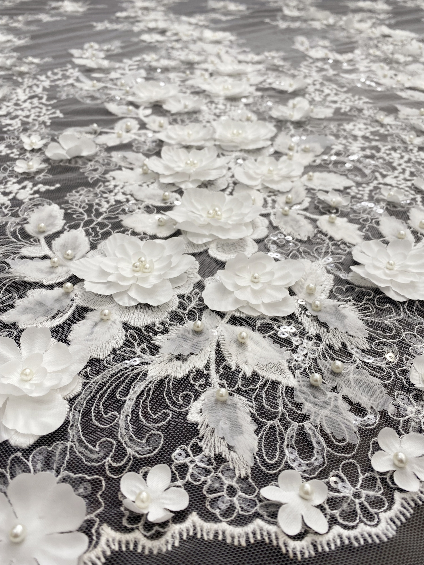 3D Floral Embroidered Lace Fabric White Beaded Lace for Wedding Dress, Bridal Gown Material by the Yard, Sewing Supplies