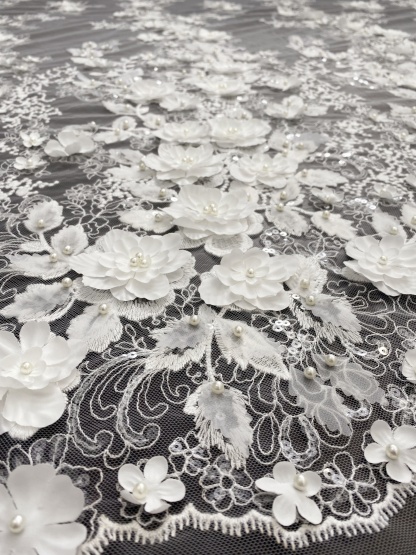 3D Floral Embroidered Lace Fabric White Beaded Lace for Wedding Dress, Bridal Gown Material by the Yard, Sewing Supplies