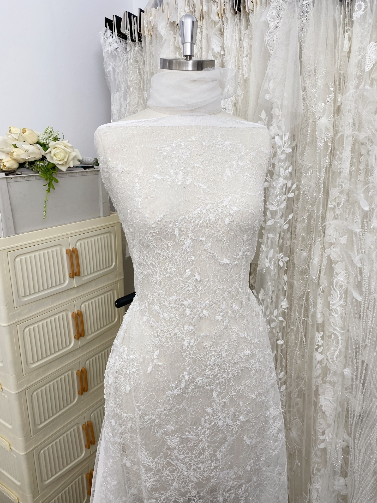 Elegant Embroidery Fabric With Corded, Beautiful Floral Sparkling Sequins And Crystal Beads Embroidered Wedding Dress Bridal Gown
