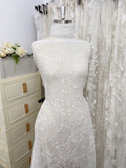 Elegant Embroidery Fabric With Corded, Beautiful Floral Sparkling Sequins And Crystal Beads Embroidered Wedding Dress Bridal Gown