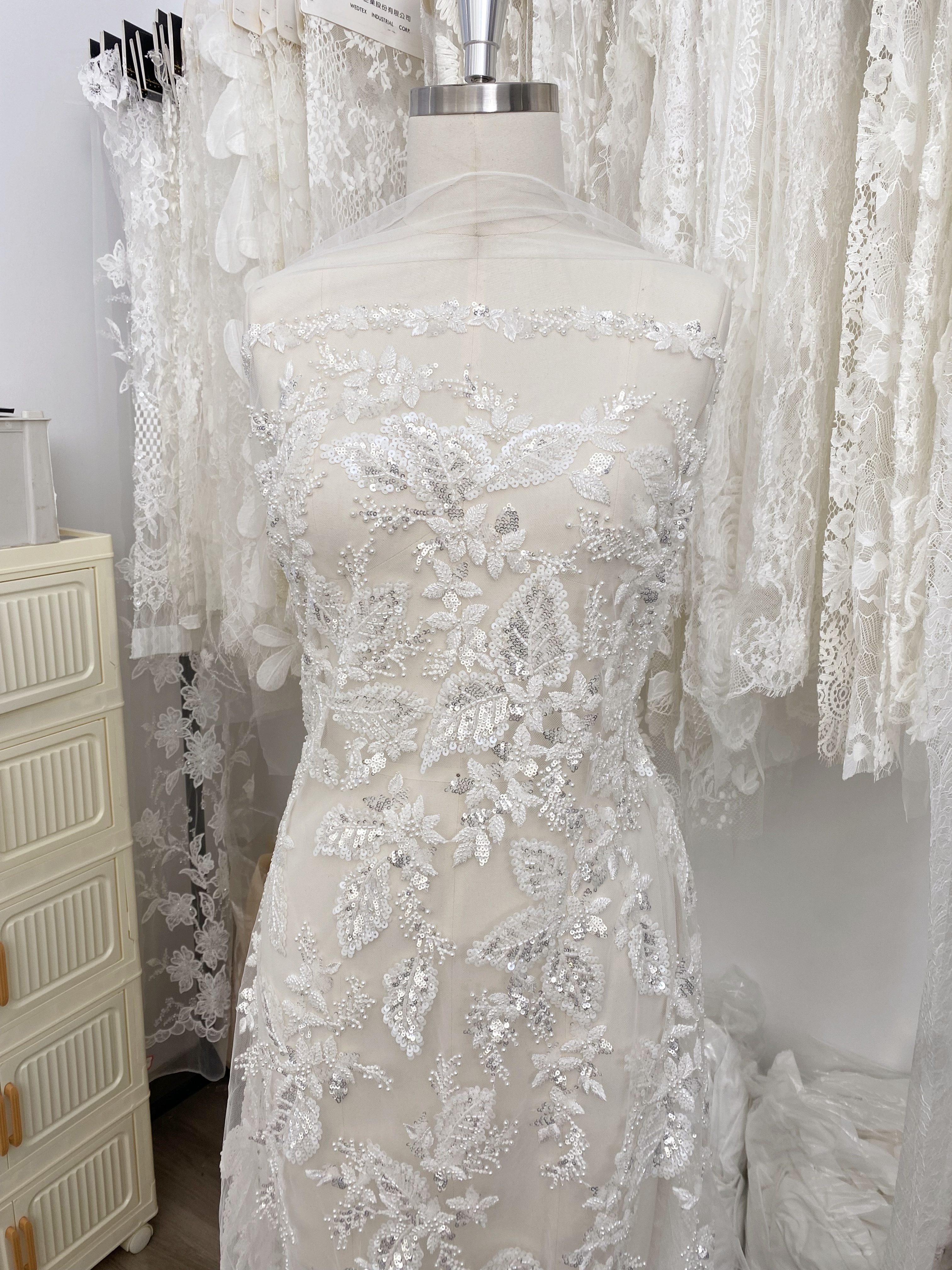 Floral embroidered beaded lace fabric with sequins on soft tulle for wedding dresses, veils, bridal gowns, capes, luxury wedding gown fabric