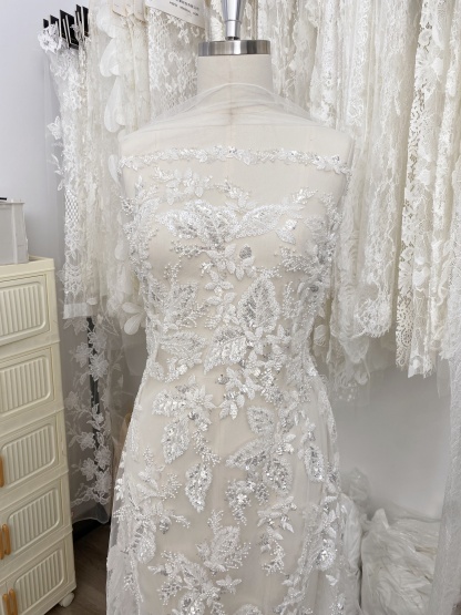 Floral embroidered beaded lace fabric with sequins on soft tulle for wedding dresses, veils, bridal gowns, capes, luxury wedding gown fabric