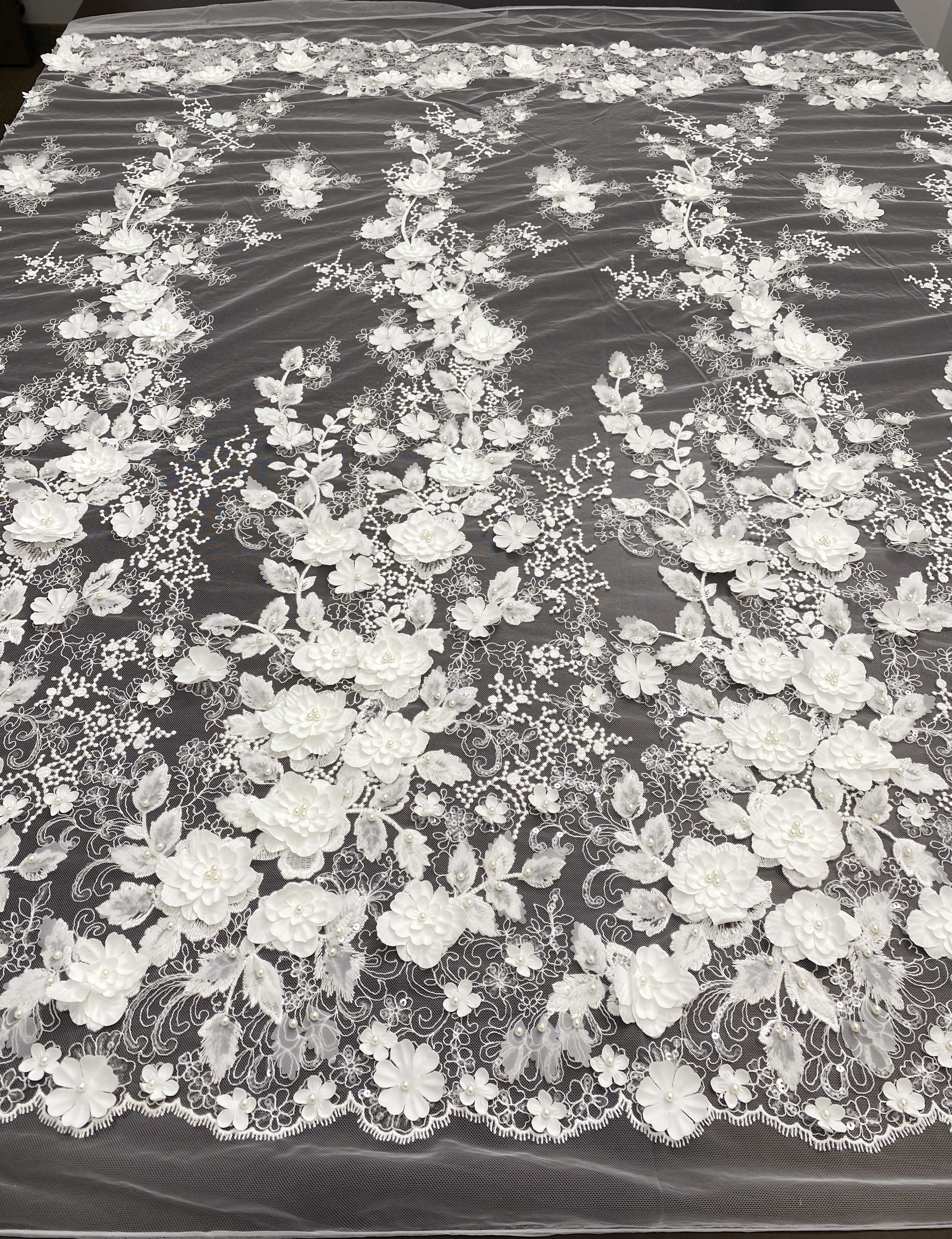 3D Floral Embroidered Lace Fabric White Beaded Lace for Wedding Dress, Bridal Gown Material by the Yard, Sewing Supplies