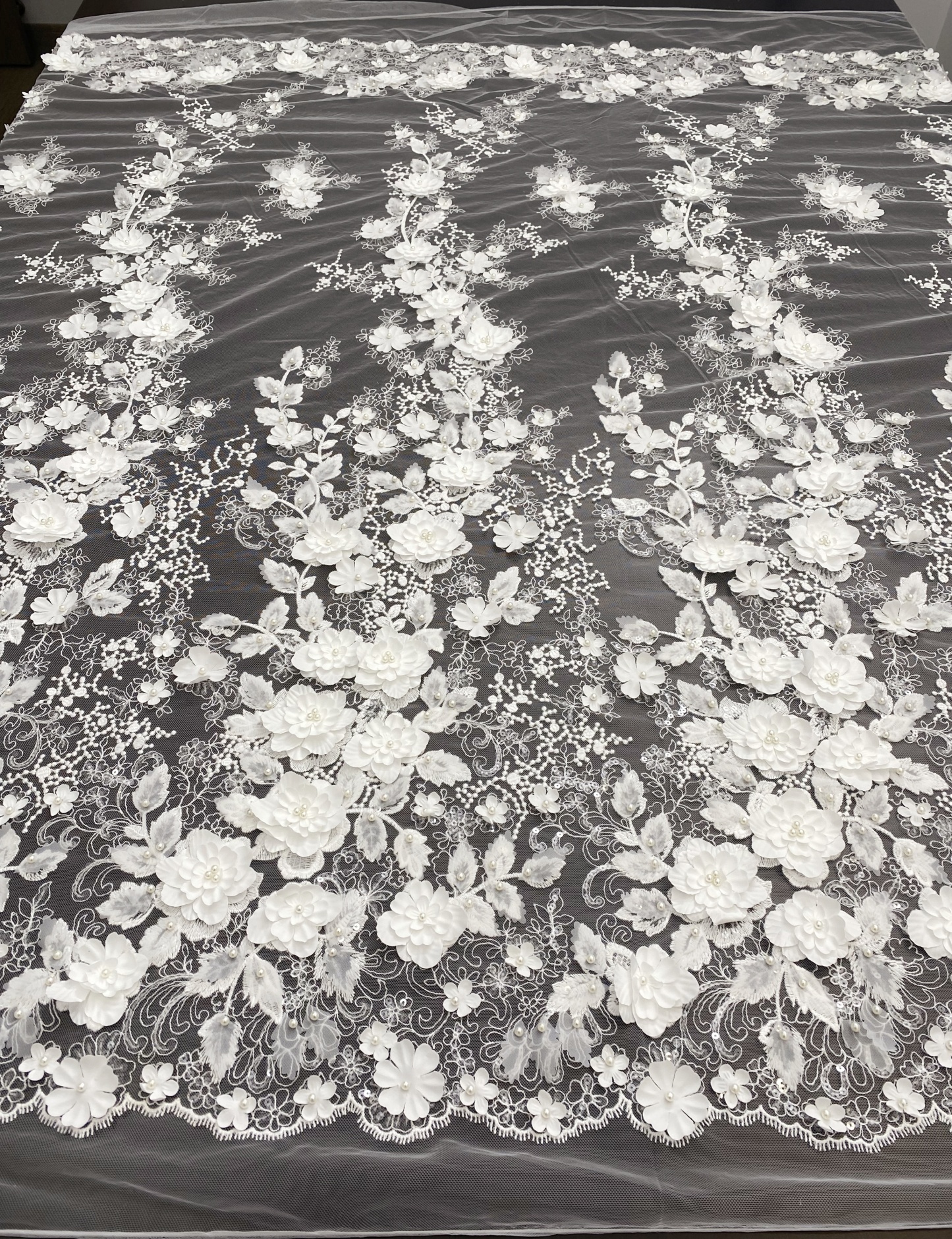 3D Floral Embroidered Lace Fabric White Beaded Lace for Wedding Dress, Bridal Gown Material by the Yard, Sewing Supplies