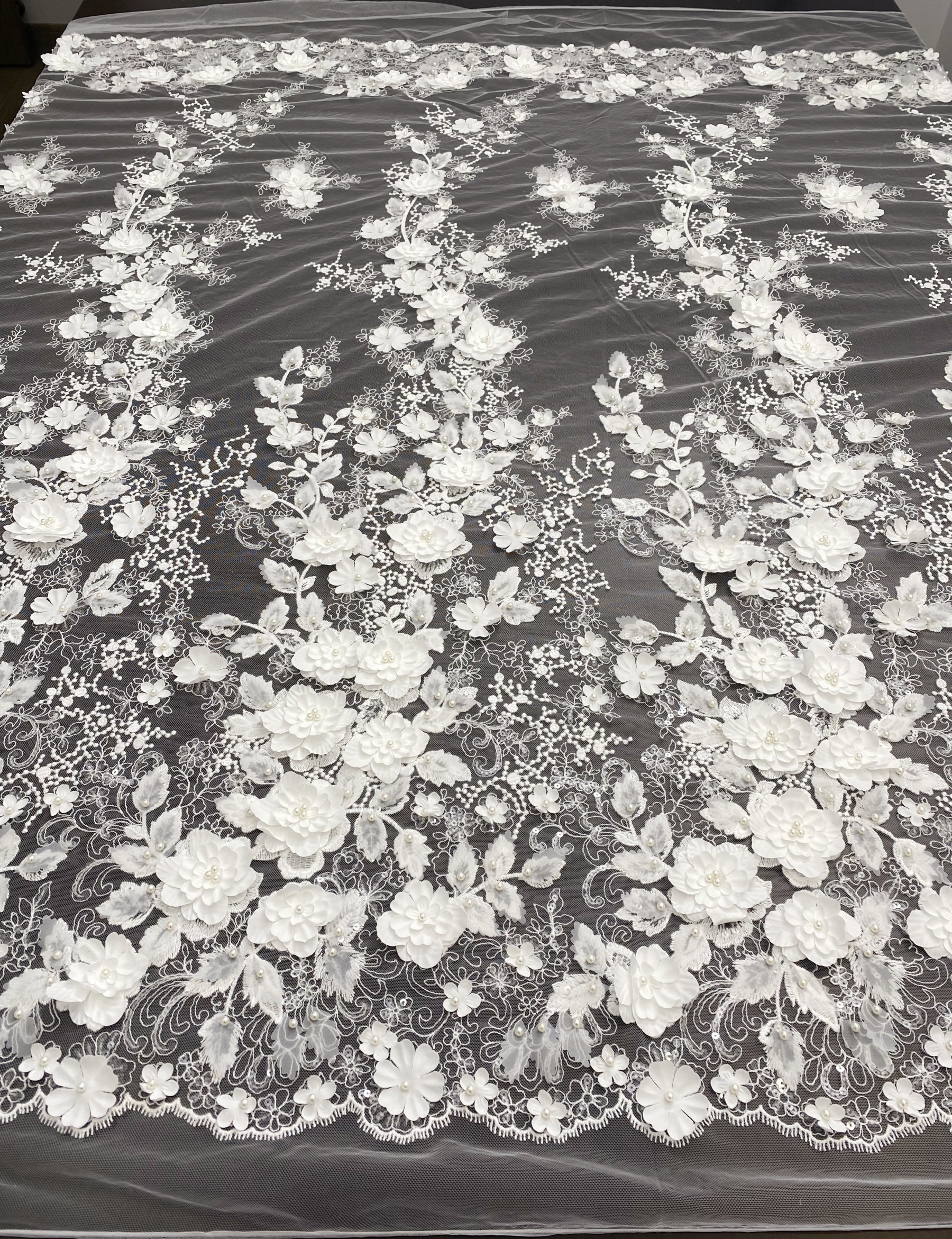 3D Floral Embroidered Lace Fabric White Beaded Lace for Wedding Dress, Bridal Gown Material by the Yard, Sewing Supplies