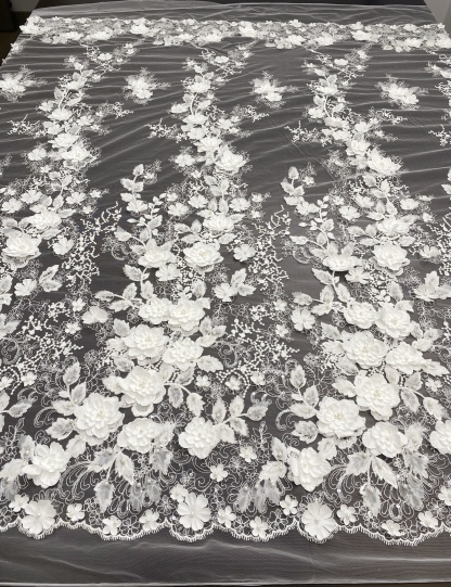 3D Floral Embroidered Lace Fabric White Beaded Lace for Wedding Dress, Bridal Gown Material by the Yard, Sewing Supplies