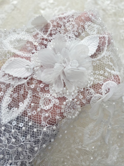 Off-white 3D Flower Beaded Lace Fabric, Embroidered Tulle with Beading for Wedding Dresses & Bridal Accessories, Couture DIY