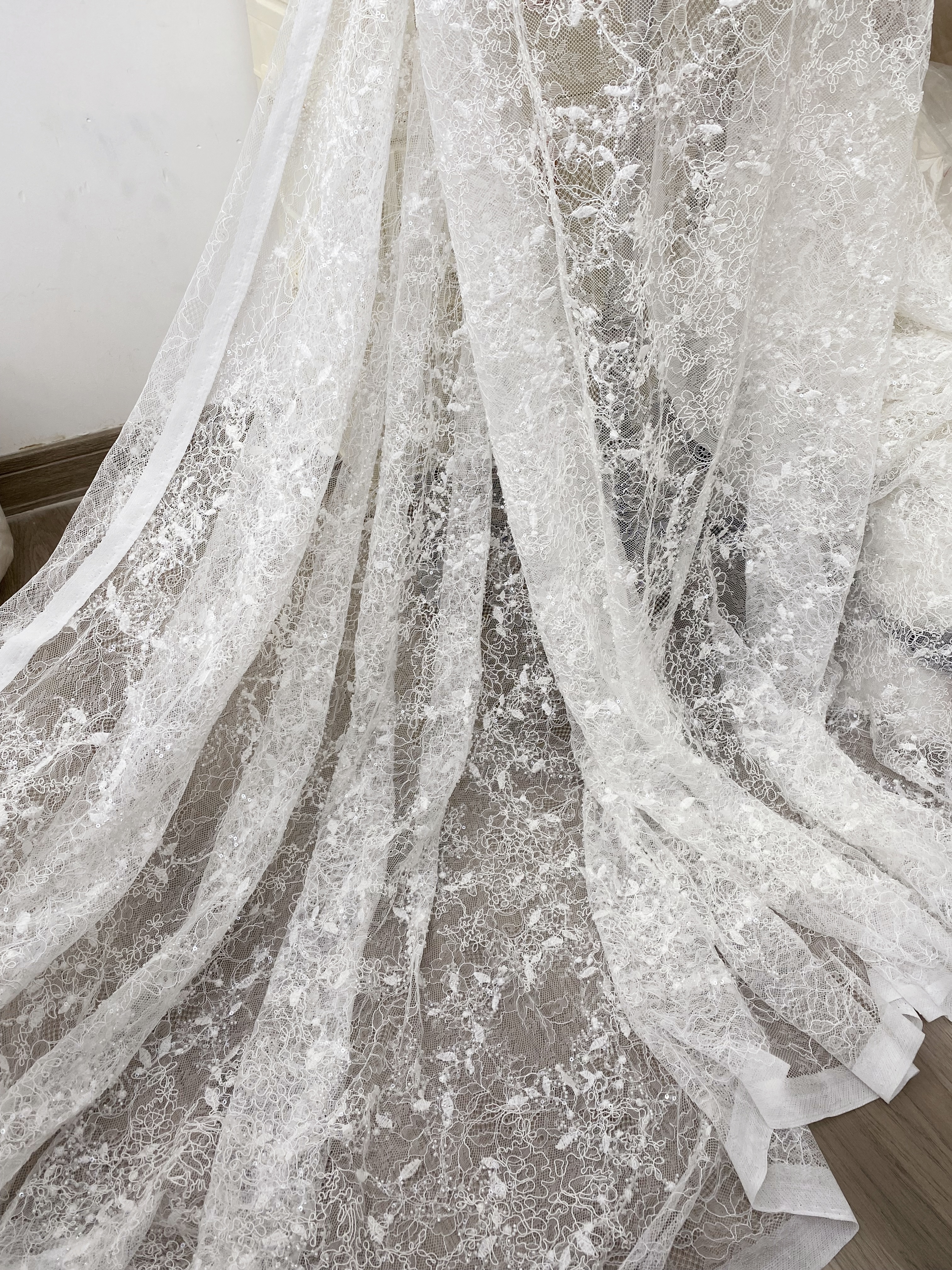 Elegant Embroidery Fabric With Corded, Beautiful Floral Sparkling Sequins And Crystal Beads Embroidered Wedding Dress Bridal Gown