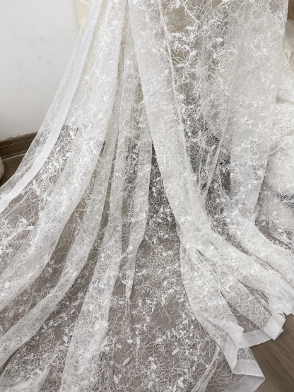 Elegant Embroidery Fabric With Corded, Beautiful Floral Sparkling Sequins And Crystal Beads Embroidered Wedding Dress Bridal Gown