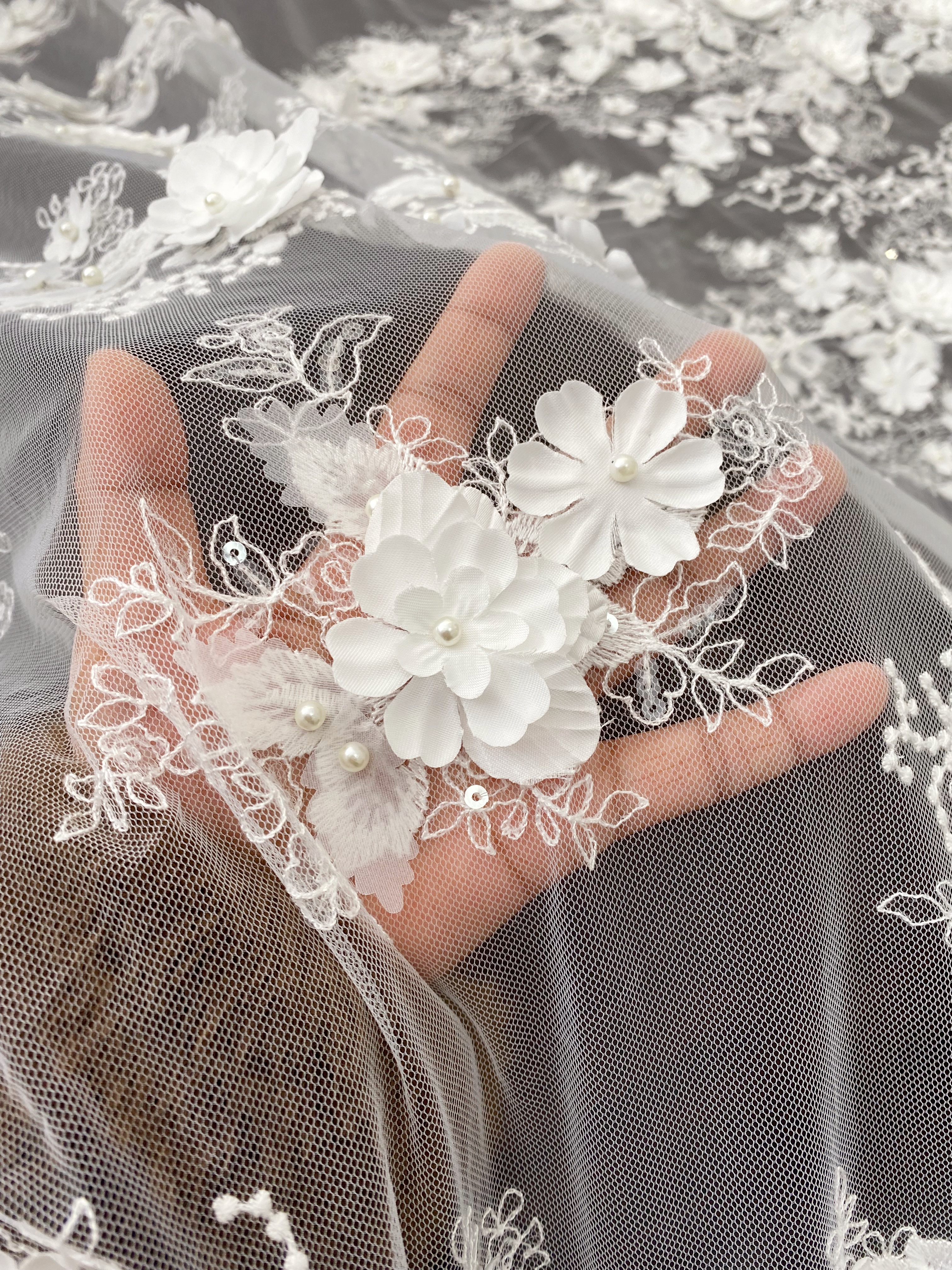 3D Floral Embroidered Lace Fabric White Beaded Lace for Wedding Dress, Bridal Gown Material by the Yard, Sewing Supplies