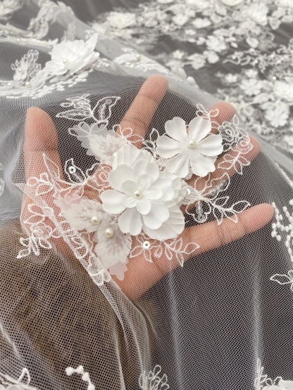 3D Floral Embroidered Lace Fabric White Beaded Lace for Wedding Dress, Bridal Gown Material by the Yard, Sewing Supplies