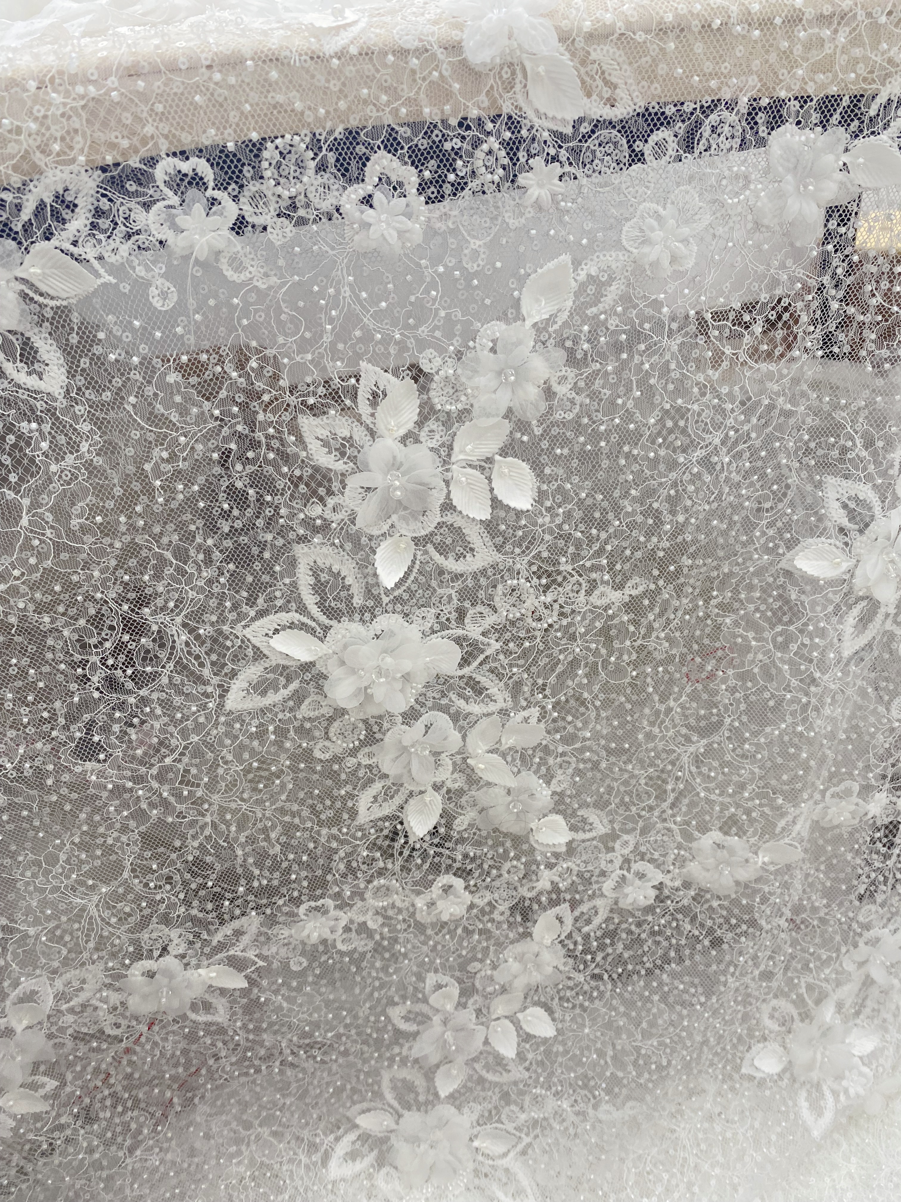 Off-white 3D Flower Beaded Lace Fabric, Embroidered Tulle with Beading for Wedding Dresses & Bridal Accessories, Couture DIY