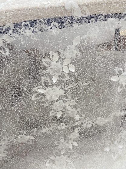 Off-white 3D Flower Beaded Lace Fabric, Embroidered Tulle with Beading for Wedding Dresses & Bridal Accessories, Couture DIY