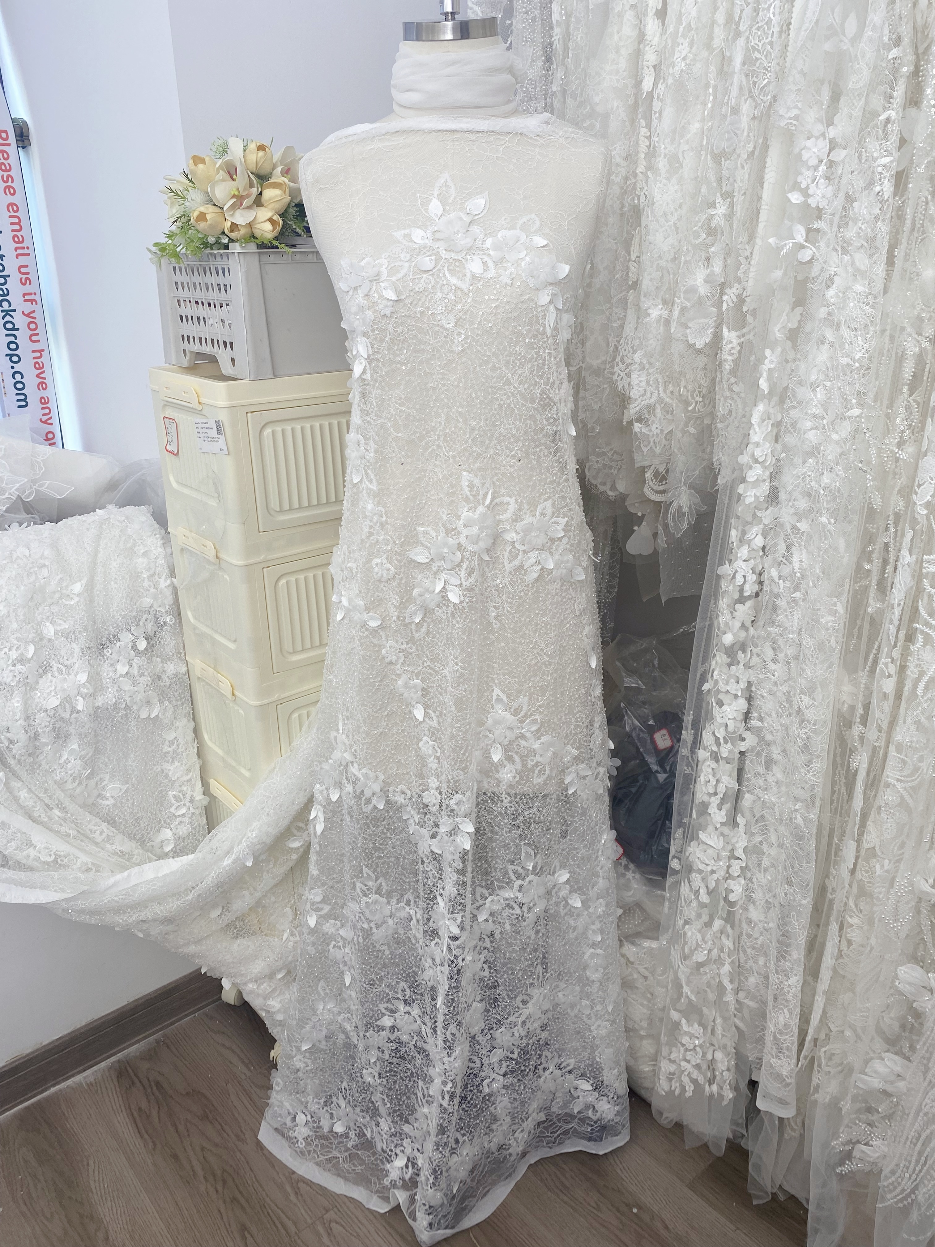 Off-white 3D Flower Beaded Lace Fabric, Embroidered Tulle with Beading for Wedding Dresses & Bridal Accessories, Couture DIY
