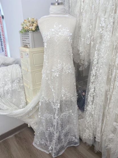 Off-white 3D Flower Beaded Lace Fabric, Embroidered Tulle with Beading for Wedding Dresses & Bridal Accessories, Couture DIY