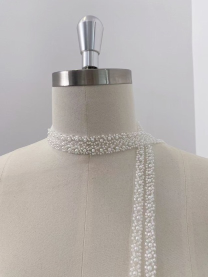 Beading Jewelry Lace Trim with Pearls, Handmade Bridal Ribbon for Prom Dress, Shoulder Strap, Headbands, Belt, Sold by Yard